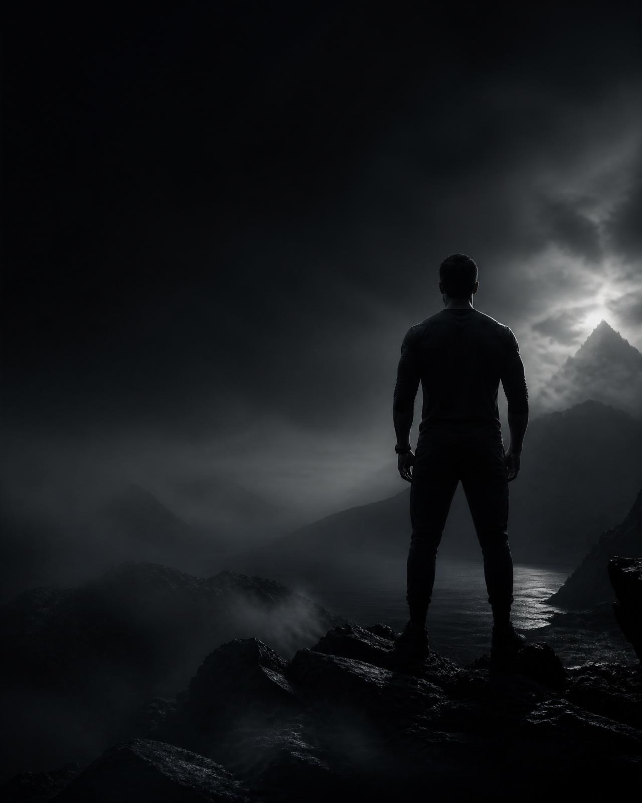 A man standing alone at a mountain summit at first light